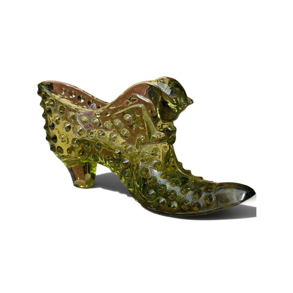 Fenton Hobnail Cat Head Slipper Shoe Olive Green Pressed Glass
